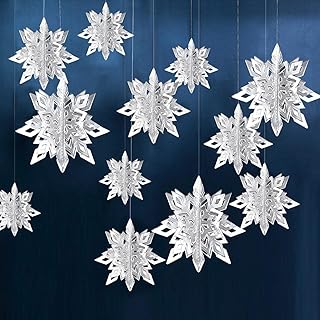 Winter Snowflake Hanging Decorations - 3D Large Silver Snowflakes Paper Hanging Garland for Christmas Winter Wonderland Holiday New Year Party Home Decoration 12PCS