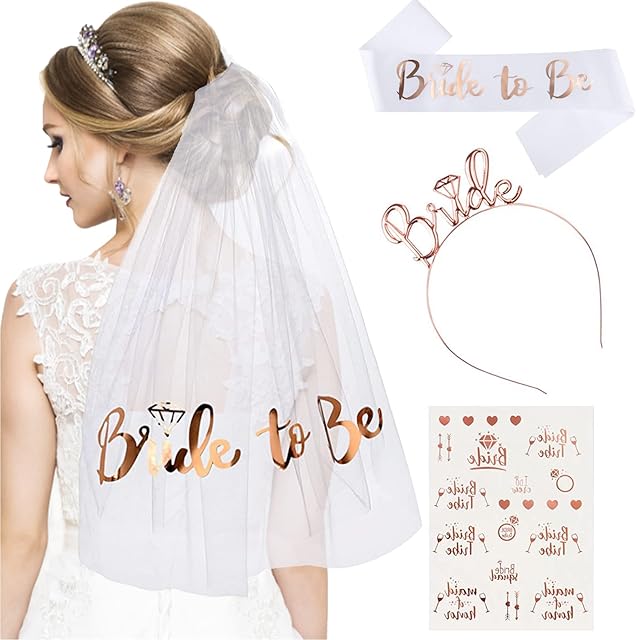 4 Pcs Hen Party Accessories, Bride to Be Sash Veil Headband Tattoos Set Bride to Be Gifts Headband TiaraVeil with Comb, Sash, Tattoos Hen Party Decoration for Bridal Shower, Wedding