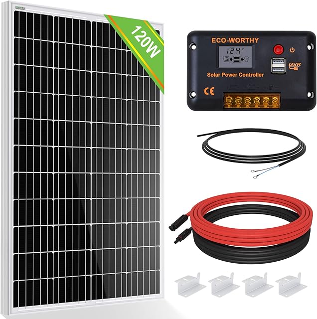 ECO-WORTHY 120W Solar Panel Kit Off-Grid System: 120W 12V Monocrystalline Solar Panel with 30A Charge Controller + Solar Cables + Mounting Brackets for Motorhome RV Boat Shed Camping
