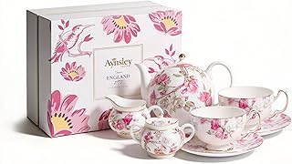 Aynsley Fine Bone China Elizabeth Rose Teapot and Set of 2 Teacups & Saucers with Sugar Bowl & Cream Jug