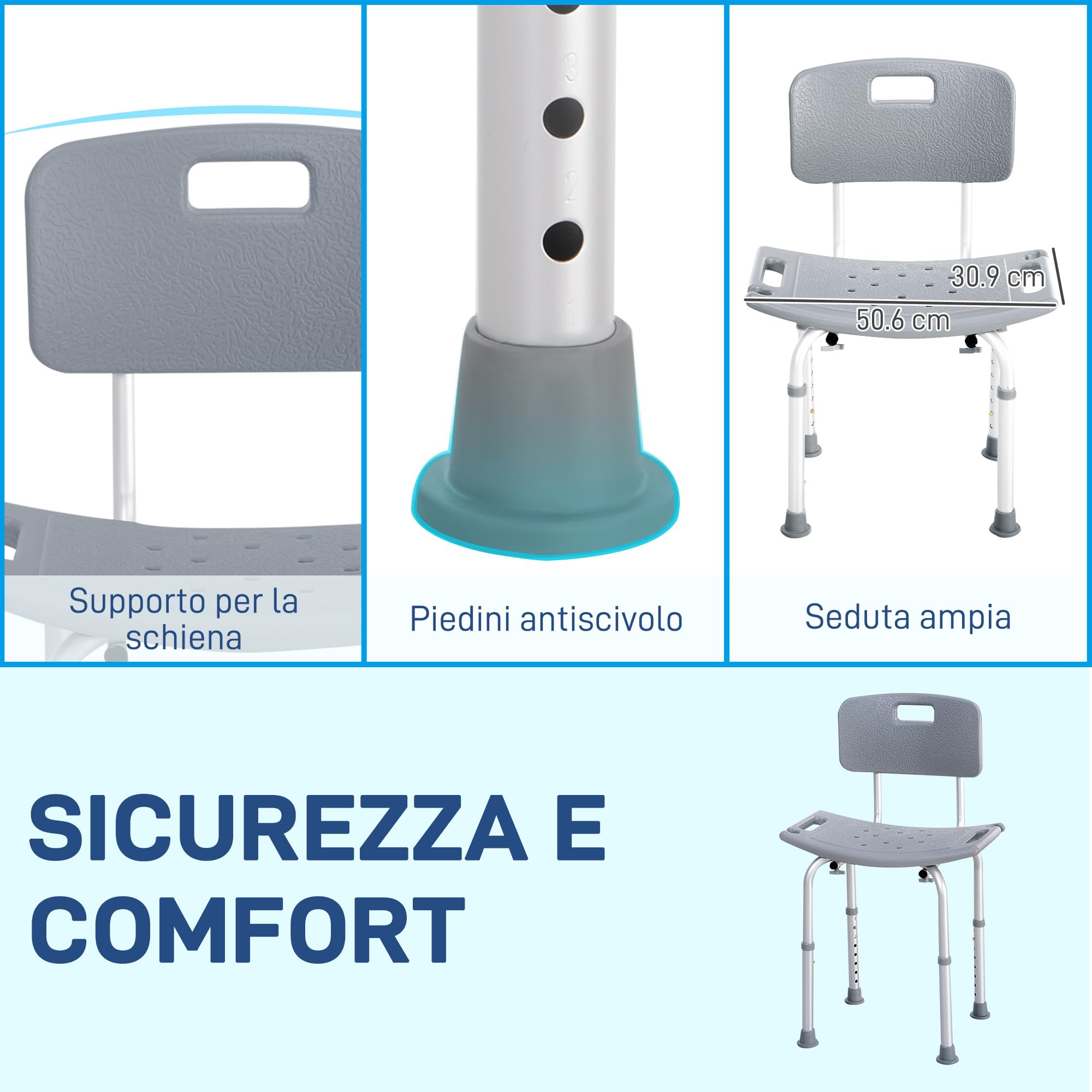 HOMCOM Sedia da Doccia per Bagno in Alluminio e Plastica Altezza Regolabile 8 Livelli 71-88cm Piedini Antiscivolo