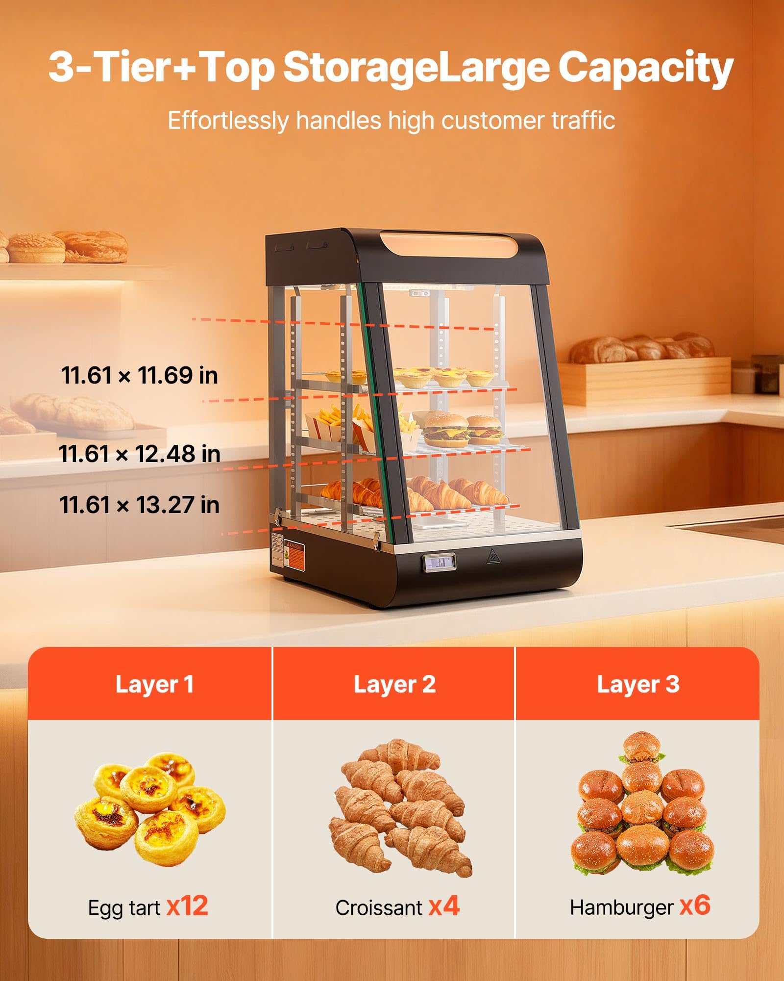 VEVOR Vitrina de Calor para Hostelería 3 Niveles 800 W, Expositor Calentador de Alimentos con 57 L Luz LED, Estantes Extraíbles, 30 °C a 85 °C, para Tapas, Hamburguesas, Pizzas, Pan, Pollo Frito
