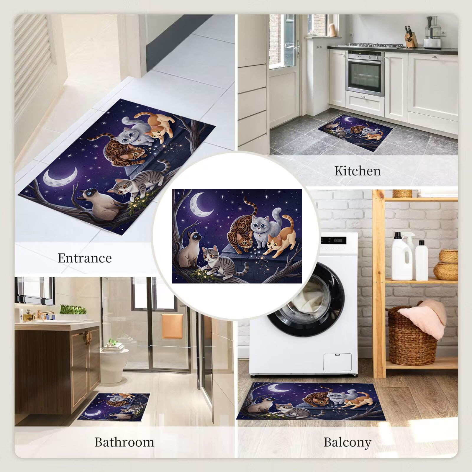 90X150Cm Zerbino Ingresso Interno Antiscivolo Assorbente, Tappeto Microfibra Sottile Lavabile Con Animali Sognanti Nel Cielo Stellato Gatti Carini Che Giocano Per Cucina Bagno Porta Animali, Viola