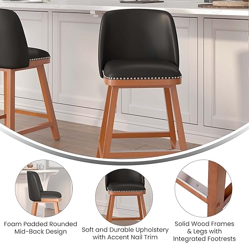 Vista 5 de Flash Furniture Julia - Juego de 2 taburetes de transición para mostrador, tapicería LeatherSoft negra, ribete plateado de cabeza de clavo, 24