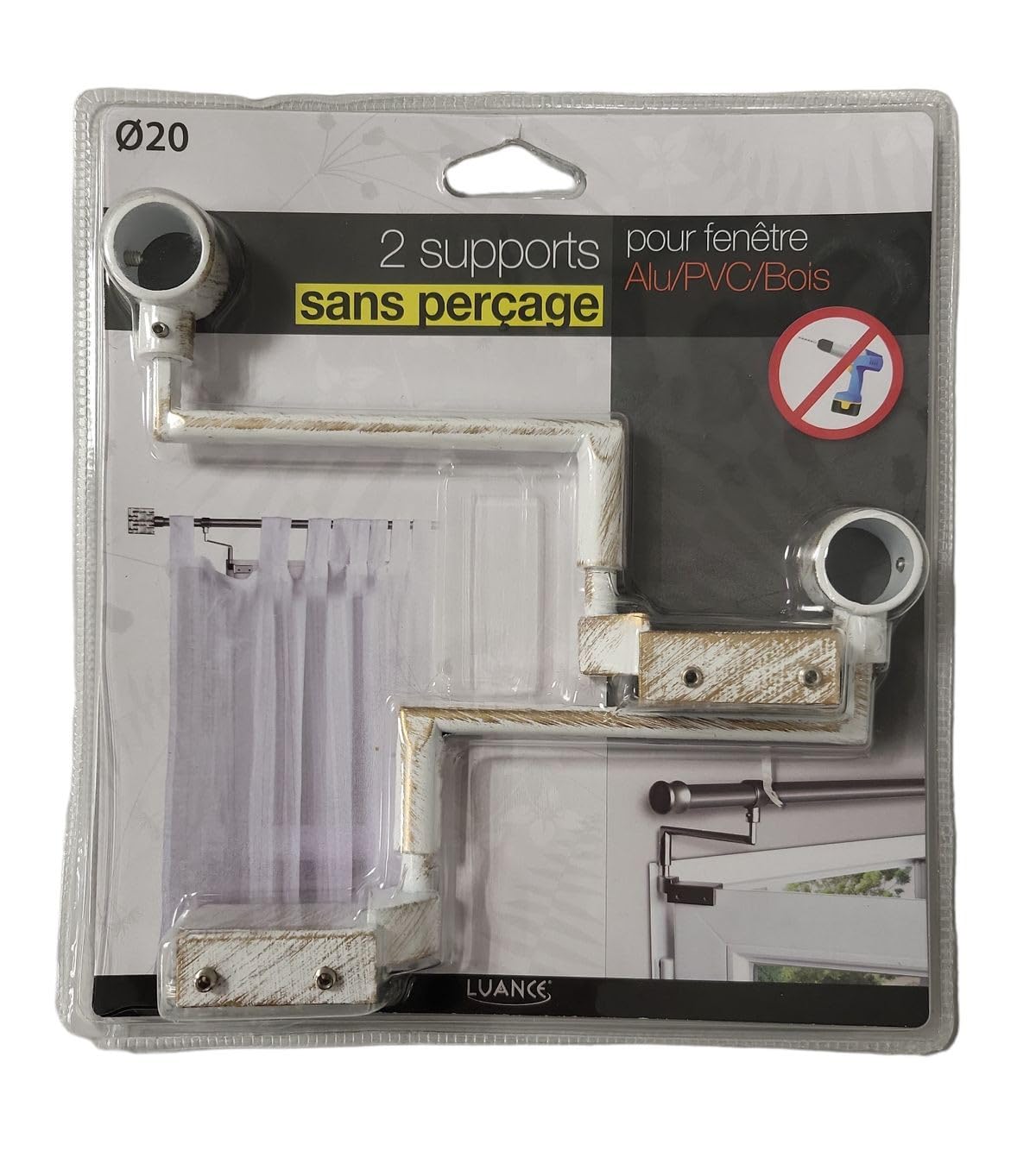 2 Supports De Tringle à Rideaux Sans Perçage Sur Fenètres à Double Battant, Ø 20 mm, Couleur Blanc & Or
