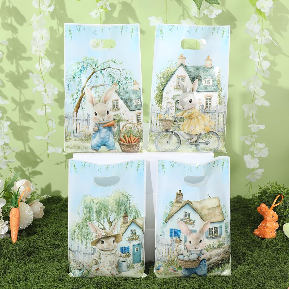 25 Pcs Easter Gift Bags, Spring Rabbit House Tree Pattern Treat Bags with Handle, Reusable Plastic Bunny Goodie Candy Pouches for Holiday Party Favor Wrap Supplies Classroom Gift Exchange