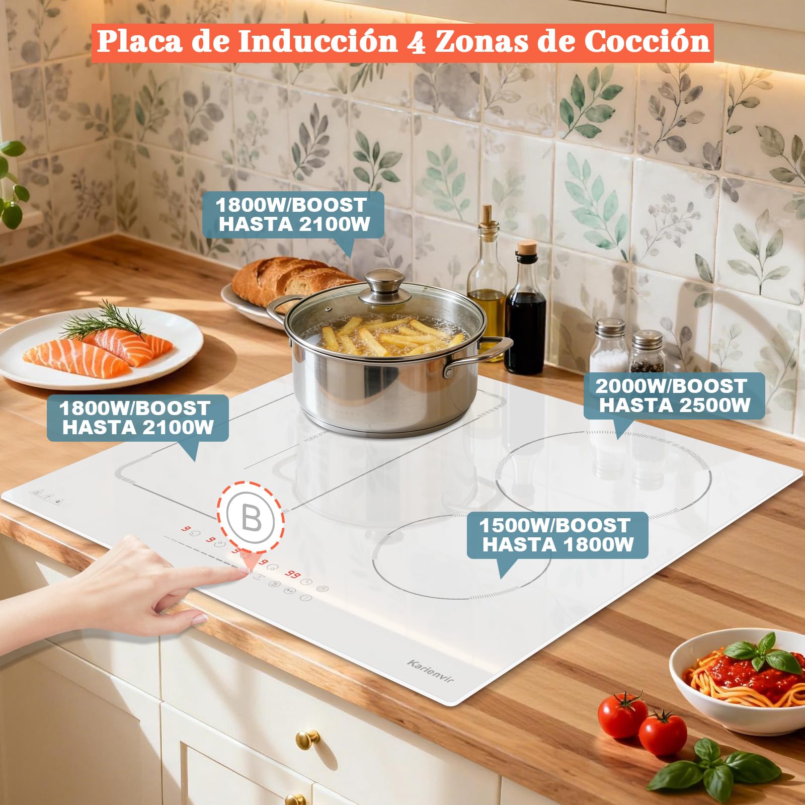 Placa Inducción 4 Fuegos con Zona Flexible y Enchufe, Placa Induccion Empotrable 60 cm con Boost, Vitroceramica Induccion con Pantalla Táctil, Bloqueo de Seguridad, Pausa, Temporizador, Blanca