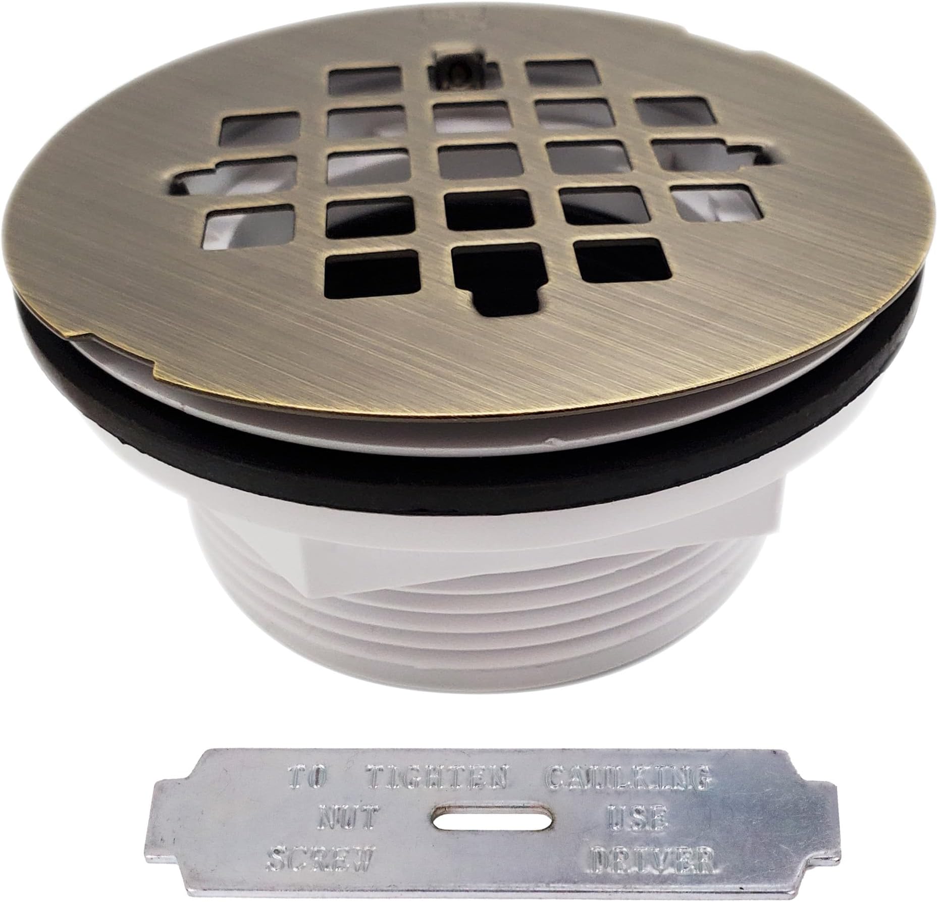 Westbrass D206P-06 2" No-Caulk PVC Compression Shower Drain with 4-1/4" Round Grid Cover, Antique Brass