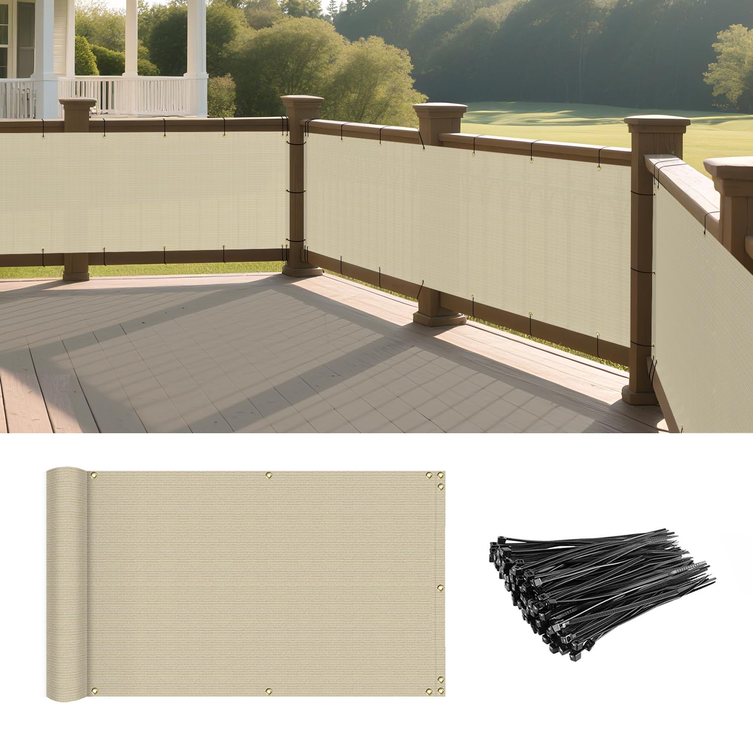 SunnyRoyal 2.5'x60' Beige Balcony Privacy Screen Fence for Patio Outdoor Porch Deck, Apartments Railing Cover with Zip Ties, UV Protection Weather