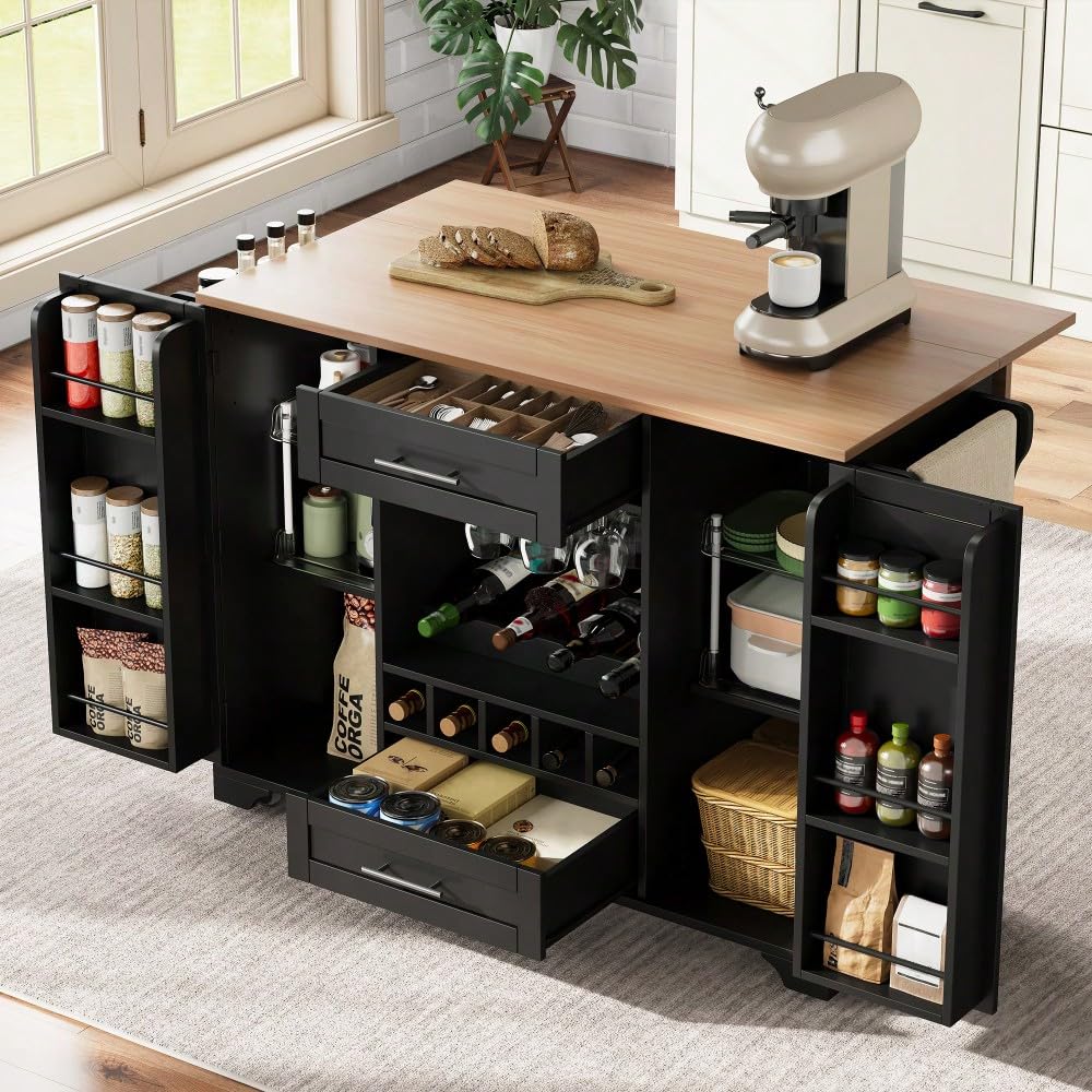 Tavolo da cucina con occhio mobile nero – piano di lavoro pieghevole, stoccaggio integrato (vino, bicchieri, spezie) e portasciugamani (nero + naturale + MDF + europeo)