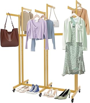6 Arms Clothing Retail Rack, Floor Standing Metal Garment Rack with Wheels, Adjustable Height Versatile Clothes Display Rack, for Clothes Storage, Commercial Clothing Organize Gold