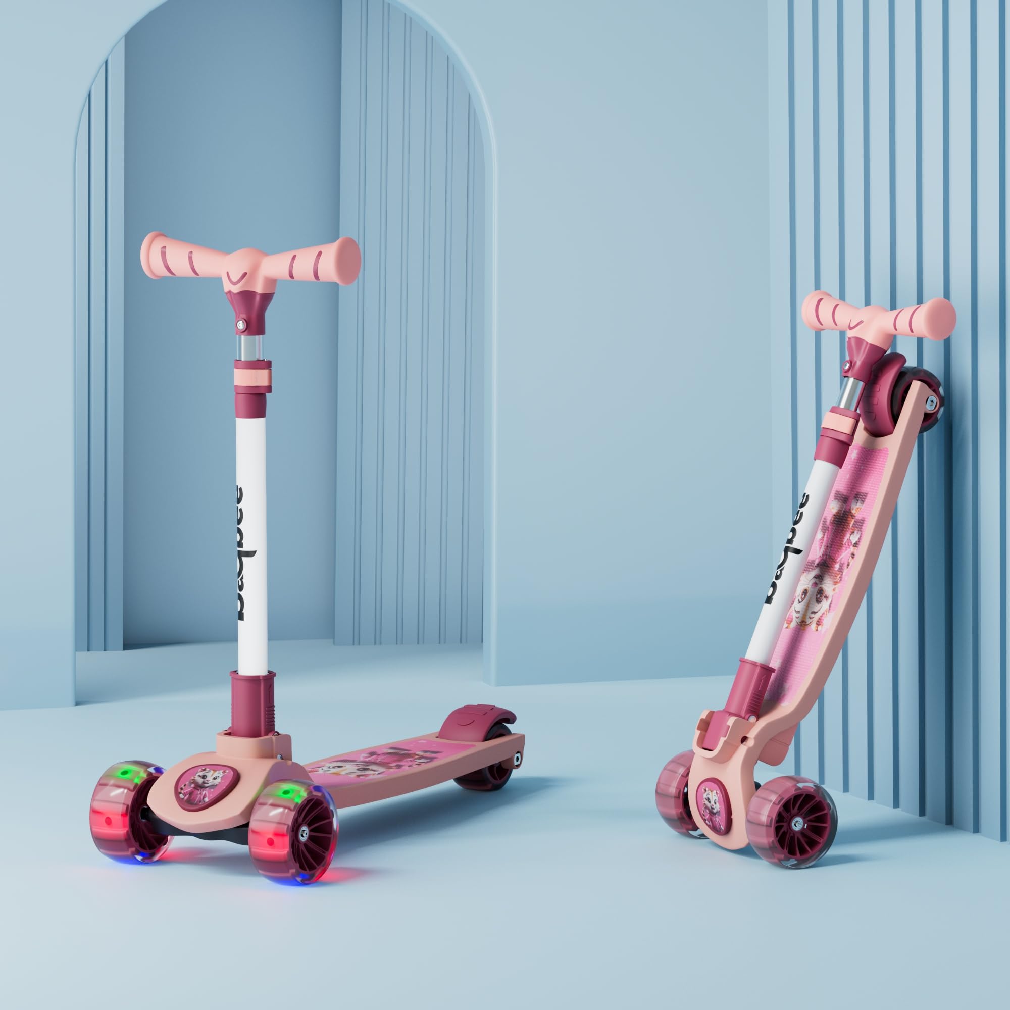 Baybee Kitty Kick Scooter for Kids, Foldable Kids Scooter with 4 Height Adjustable Handle & Brake, Skate Scooter with LED PU Wheels, Runner Scooter fo...