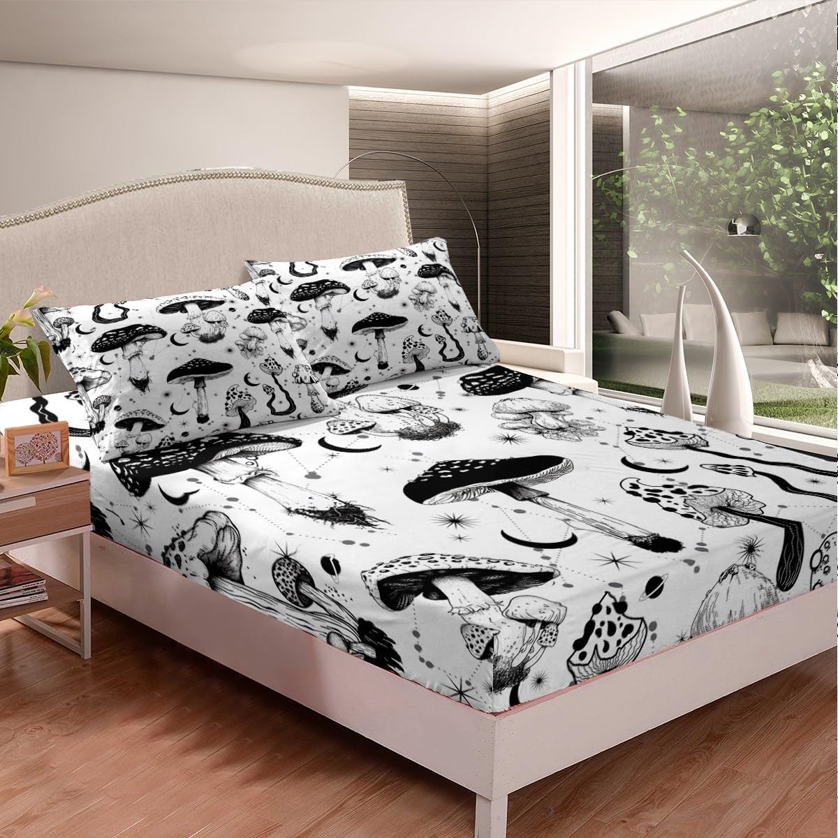 Wild Mushroom Bed Sheet Set Full Size,Abstract Sun Moon Starry Bedding Set Gothic Plants Fitted Sheet for Kids Boys Teens Room Decor,Black White Sketch Style Bed Cover with 2 Pillowcases