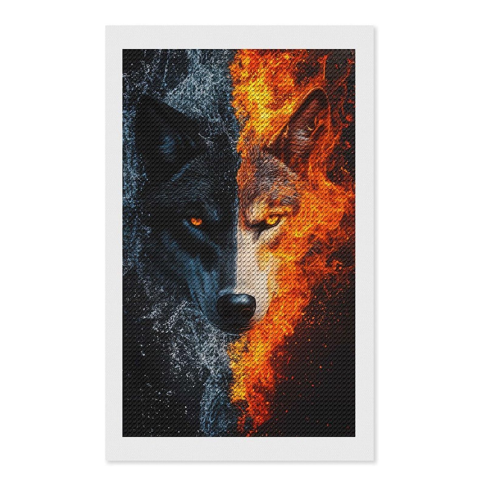 Junmoney Fire and Water Wolf Diamond Painting Kit 12"x20", Thoughtful Handmade Gift, for Creative Relaxation, Printed Canvas, Cosy Home Accent