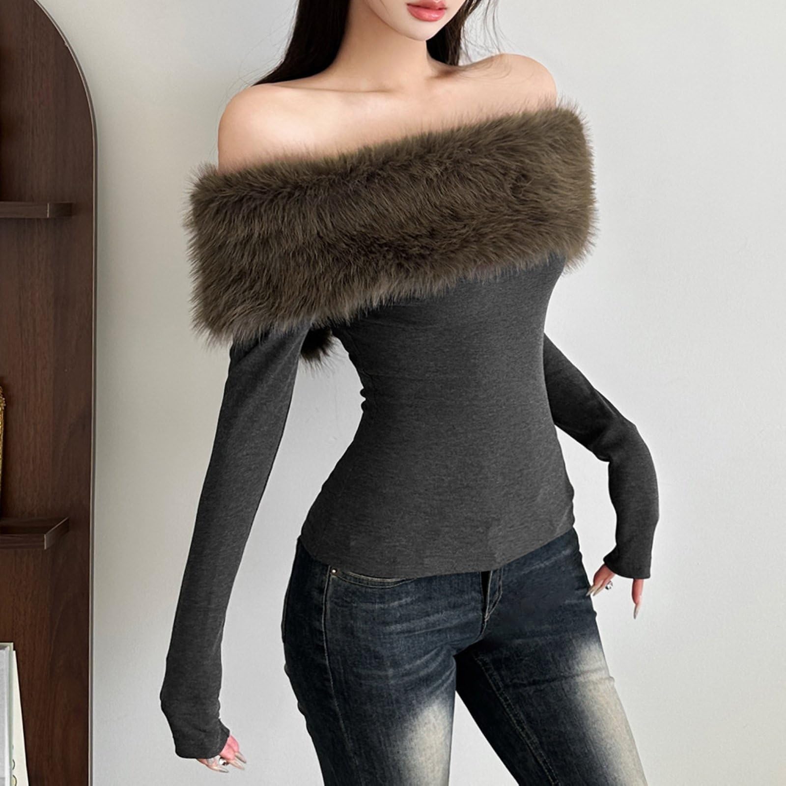 T-Shirts Courts Pour Femmes En Fausse Fourrure Épaules Dénudées Coupe Slim Mignons Mode Automne-Hiver