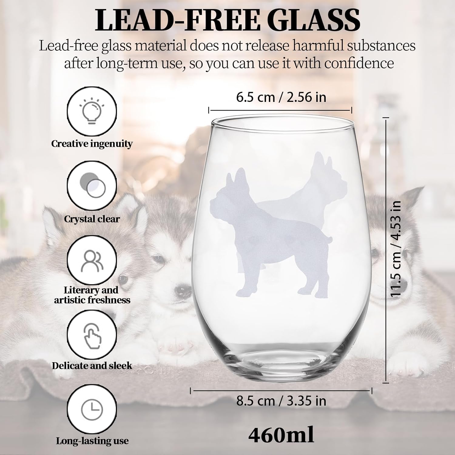 French Bulldog Stemless Wine Glass - Set of 2, Glassware for Birthdays, Parties and Anniversaries, Ideal Gift for French Bulldog Lovers, Breed Name Engraved at Base, 15.5oz. - Image 2