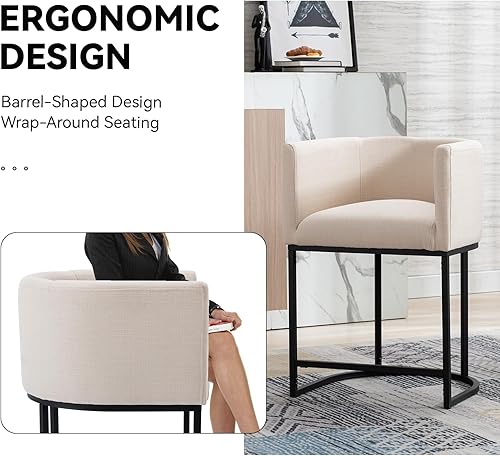 Miniatura 4 de Taburete de Bar Contemporáneo de Lino Crema, Taburete Tapizado en Tela de 24 Pulgadas de Altura de Mostrador, Taburete de Cocina para Isla de