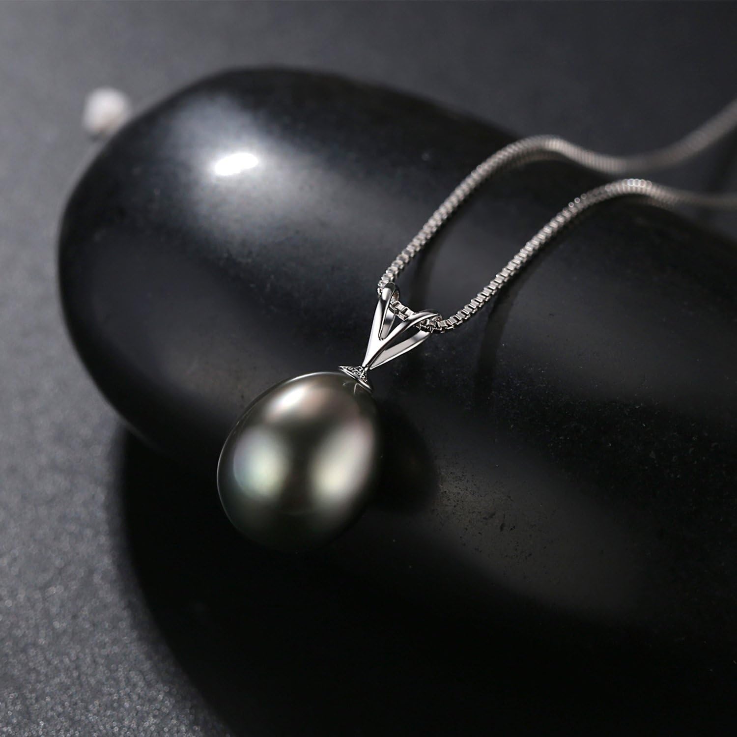 VIKI LYNN Tahitian Black Pearl Necklace for Women 9-10mm Teardrop-shaped Tahitian Cultured Black Pearl Pendant with 925 Sterling Silver Chain