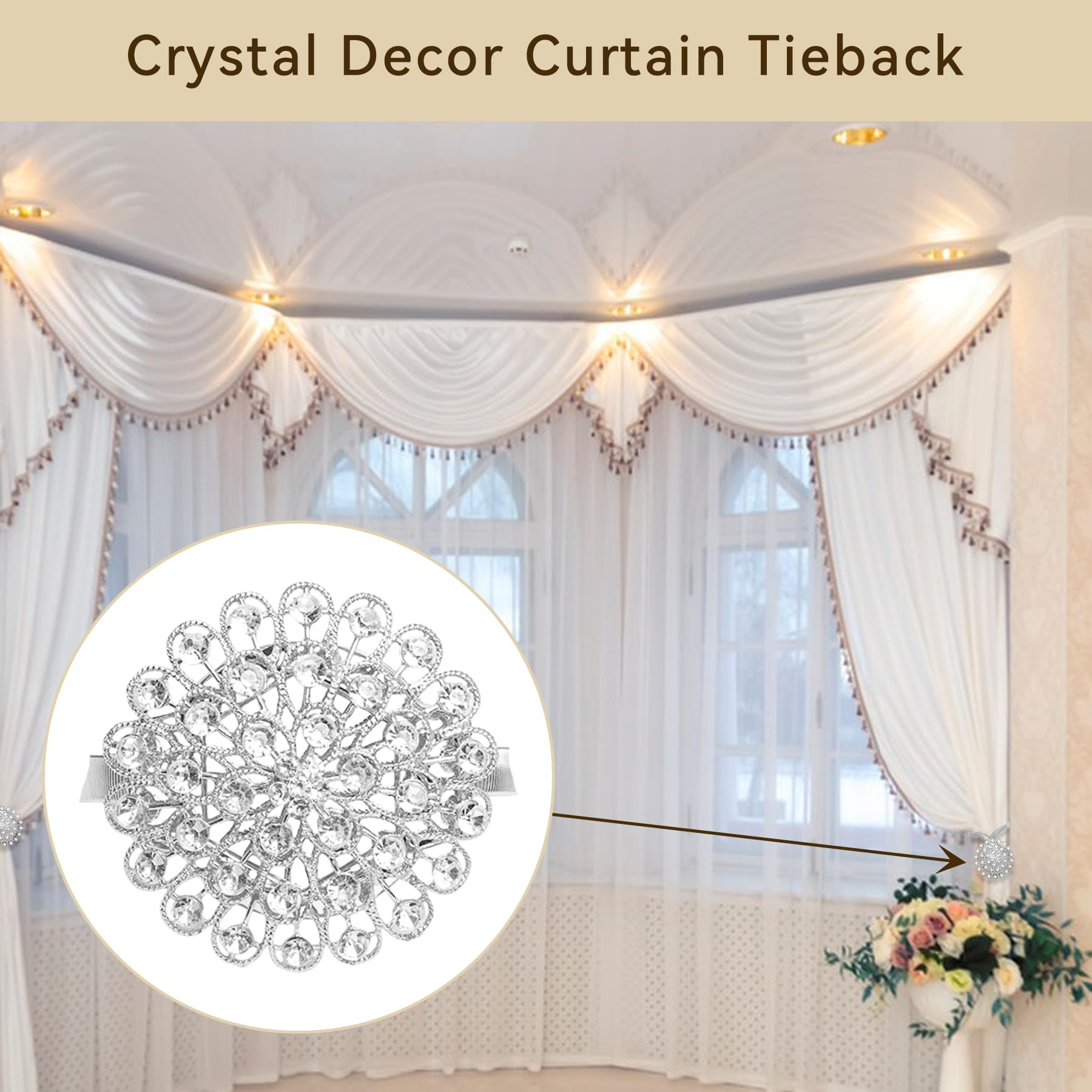 Lot de 2 embrasses de rideaux magnétiques en forme de fleur en cristal étincelant avec ressort hautement élastique, boucles magnétiques élégantes pour décoration de maison, bureau, chambre
