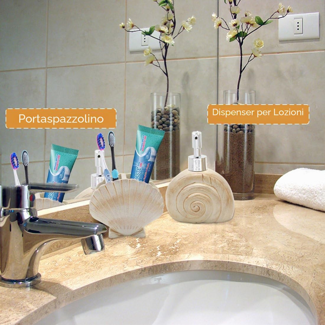 Set di 5 conchiglie da spiaggia con dispenser per sapone, portasapone, bicchiere, portaspazzolino, set in poliresina avorio per uomo, donna, bambini