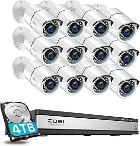 ZOSI H.265+ 1080p 16 Channel Home Security Camera System, 16CH DVR with AI Human Vehicle Detect, 12 x 1080p Surveillance Camera Outdoor, 120ft Night Vision, 105°Wide Angle, Remote Access, 4TB HDD asin的图片