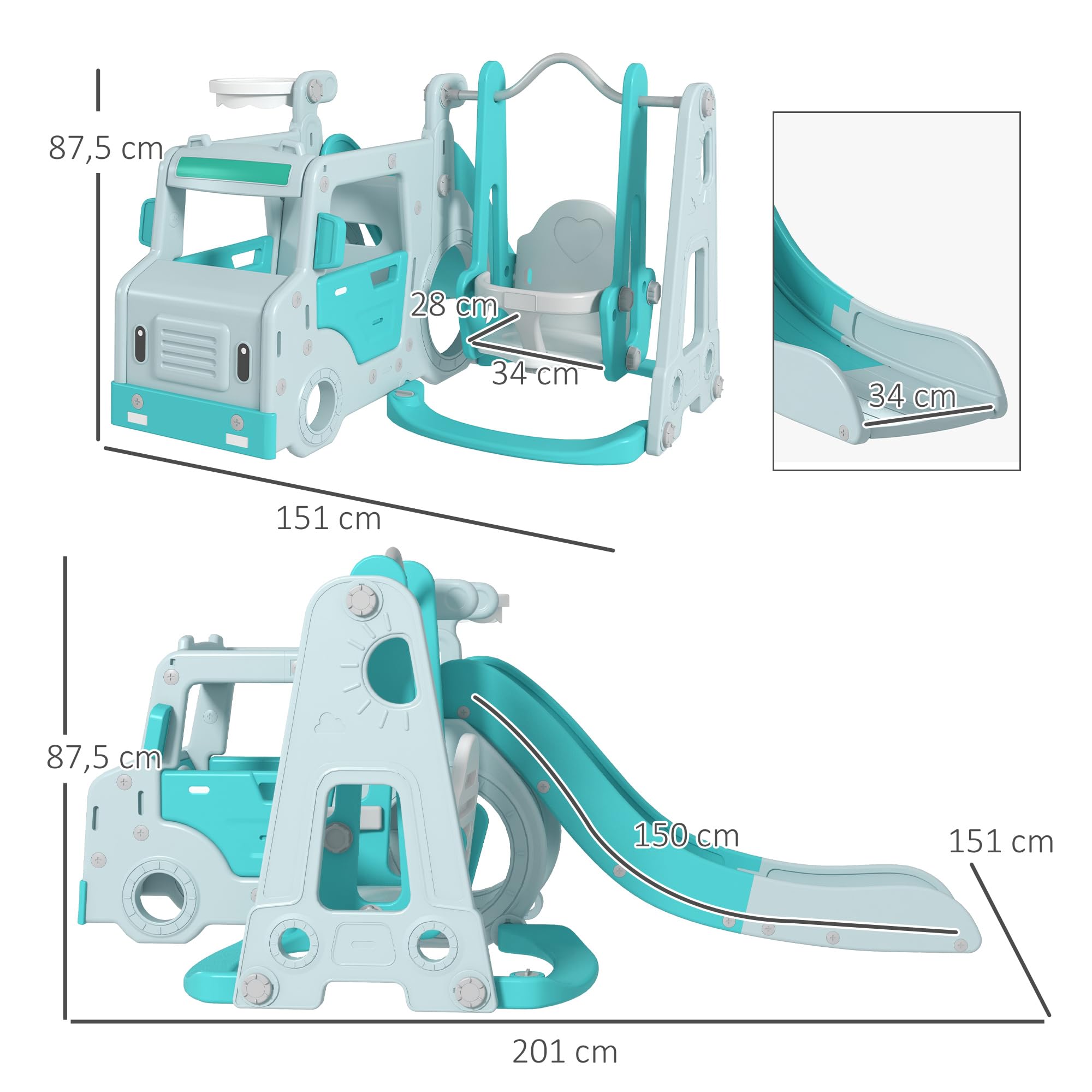 AIYAPLAY Juego de Tobogán y Columpio para Niños 6 en 1 Parque Infantil Tobogán para Bebés de 18-48 Meses con Volante Bocina y Baloncesto Carga 50 kg 201x151x87,5 cm Azul Claro