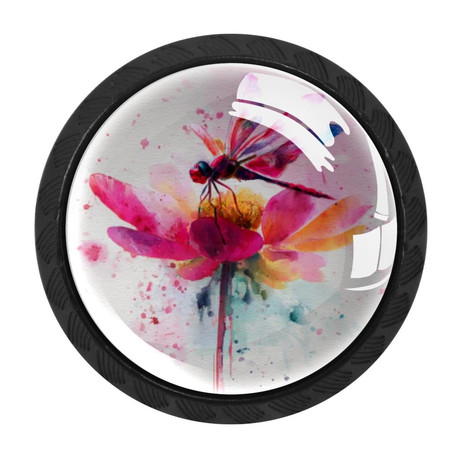 CHENZZZZ 4 Pieces Watercolor Dragonfly Flower Cabinet Knobs Drawer Dresser Pulls Handles for Home Kitchen Office Bathroom Door Kids Room