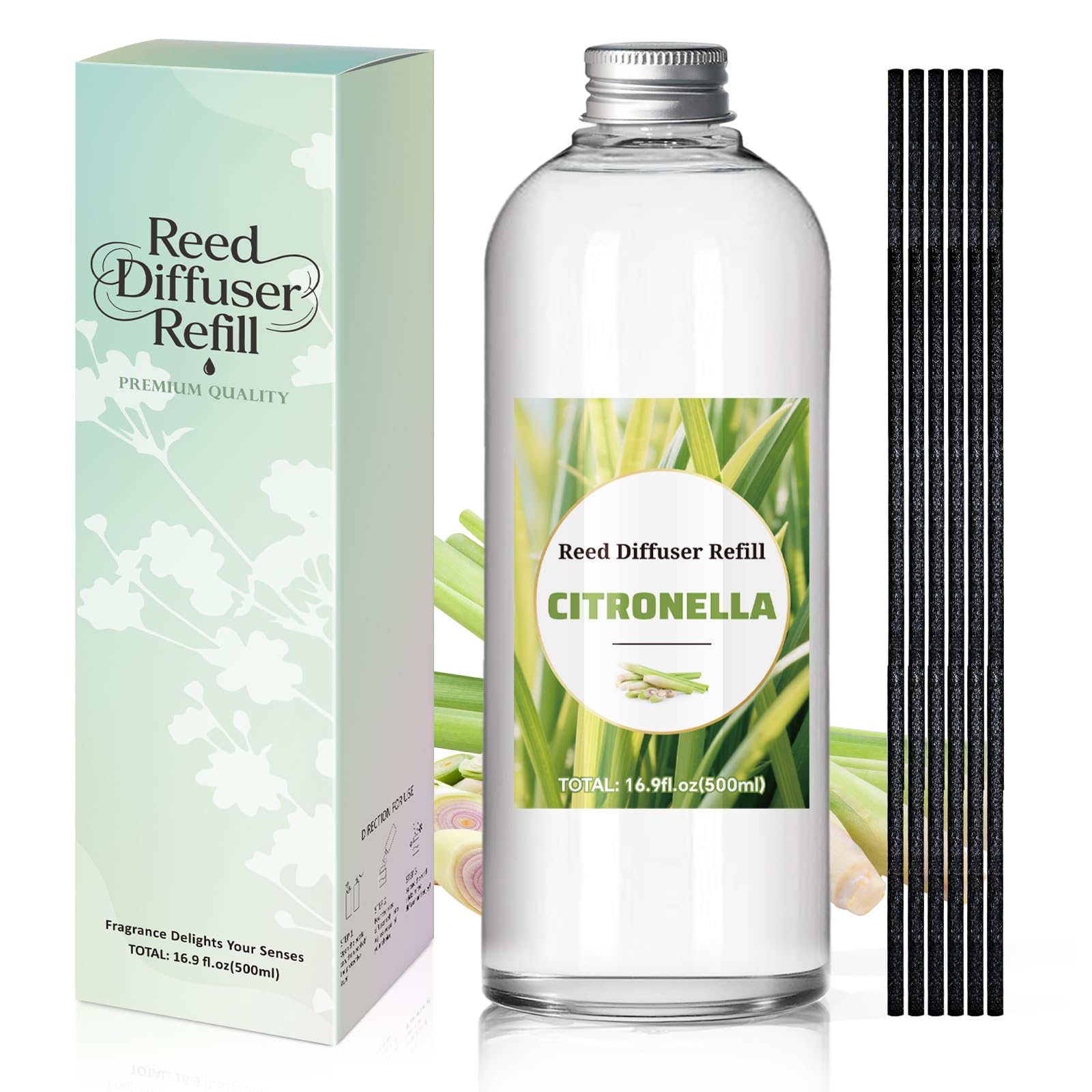 SCENTORINI Citronella Reed Diffuser Refill 500ml with 6 Reeds - Large Refill for Long Lasting Summer Home Fragrance, Fresh Room Scent for Inviting Everyday Spaces — image 1