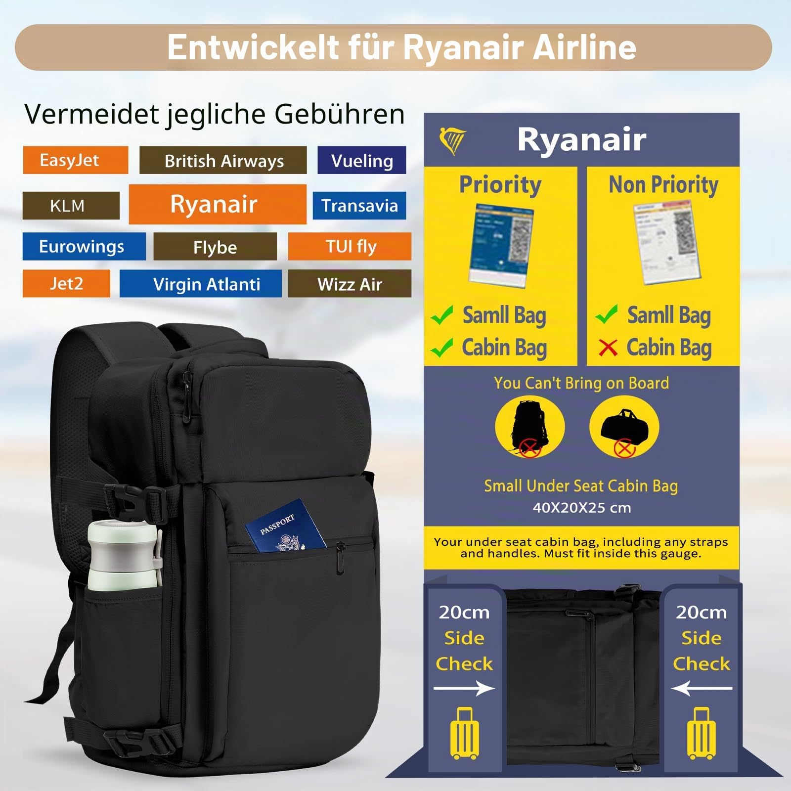 Ryanair Handgepäck Rucksack 40x20x25, 20L Reiserucksack Unter Sitz, Kabinentasche Flugzeug, Carry-on Laptoprucksack für Herren Damen Klein Schwarz