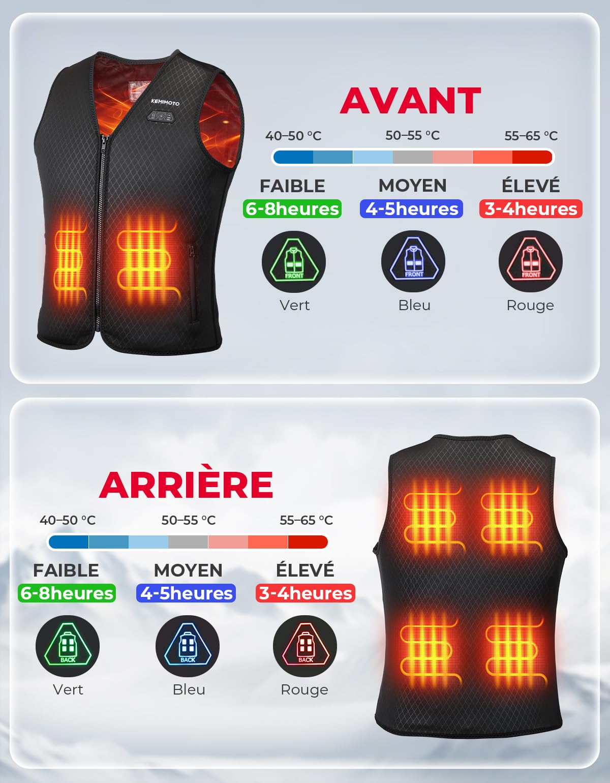 KEMIMOTO Gilet Chauffant Femme, 6 Zones de Chauffage, 3 Niveaux de Chauffage, Idéal pour le Camping, Ski, Pêche