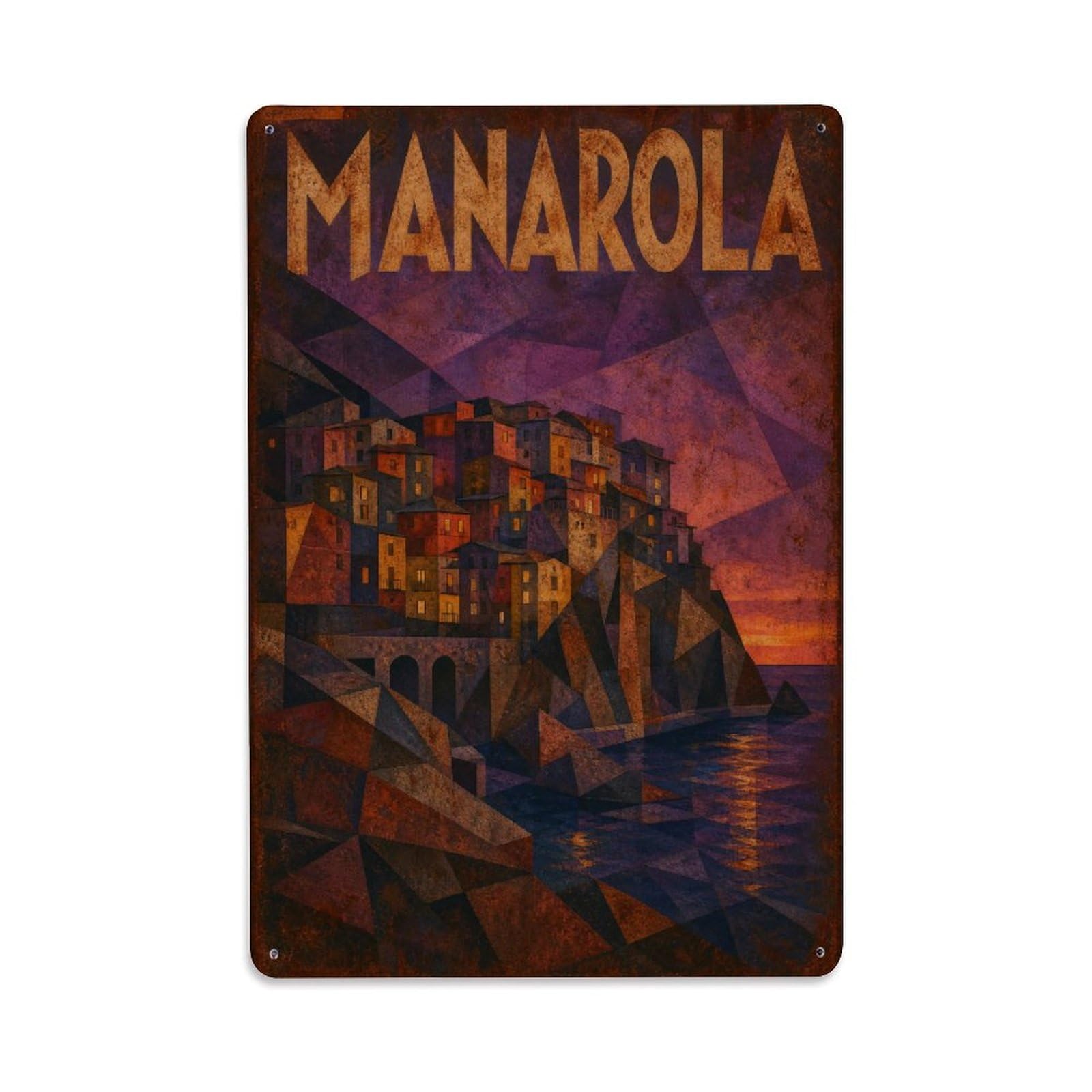 Huiyhb 8X12inch(20X30cm) Vintage Travel Manarola Twilight Purple Sky Evening Italy Metal Tin Sign