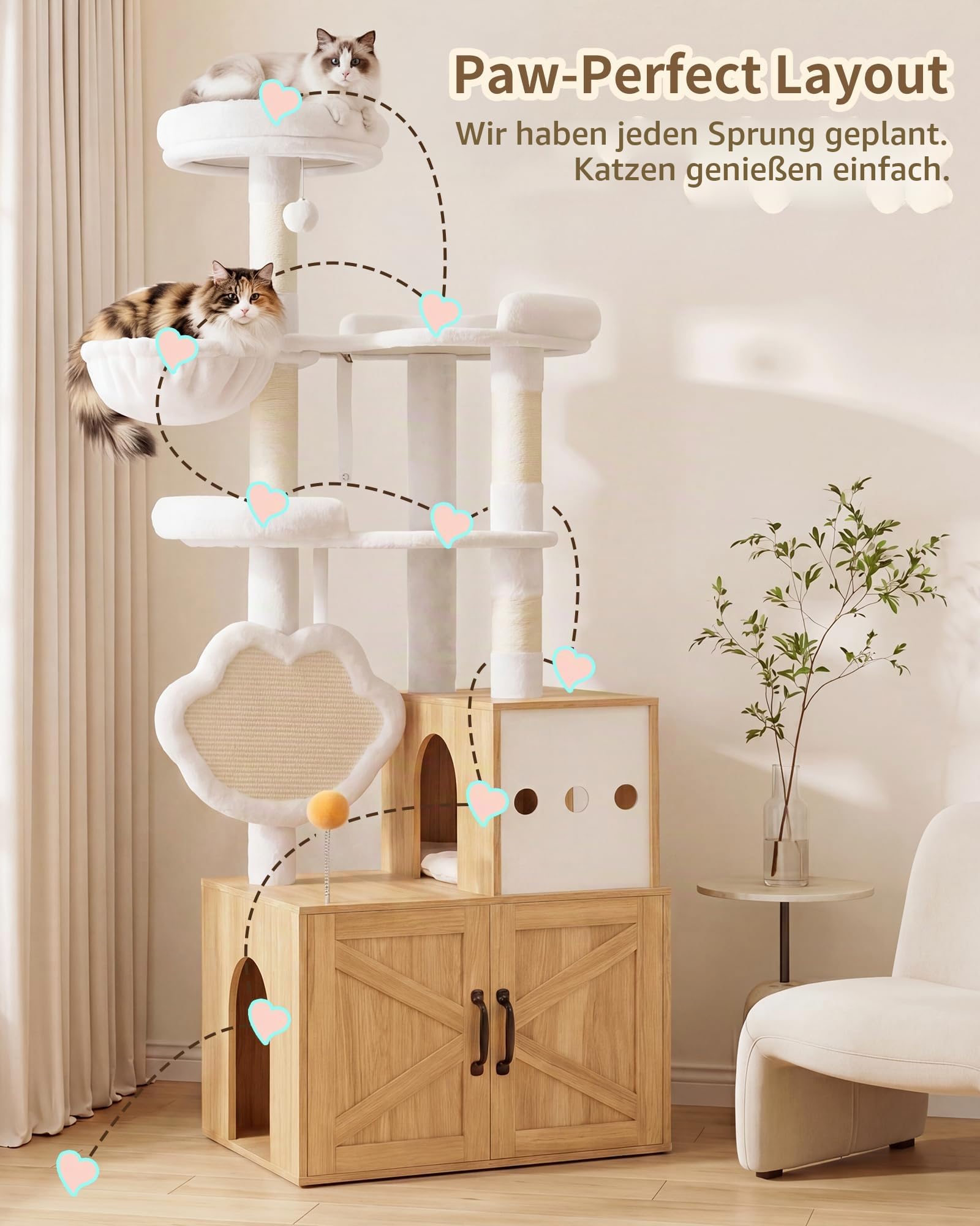 Heybly Kratzbaum mit Katzentoilette Versteck, 162 cm Katzenbaum für Wohnungskatzen, moderner Katzenkratzbaum aus Holz mit Katzenhaus, Liegeflächen, Kratzbrett, Spielzeug, Eiche Weiß HCT105BT