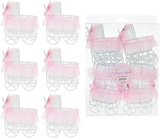 Mega Crafts 6 Pack Pink Metal Baby Carriage Favor with Ribbon and Pacifier Embellishments, Candy Trinket Holders for Baby Showers, Gender Reveal Parties, Birthdays, Special Events