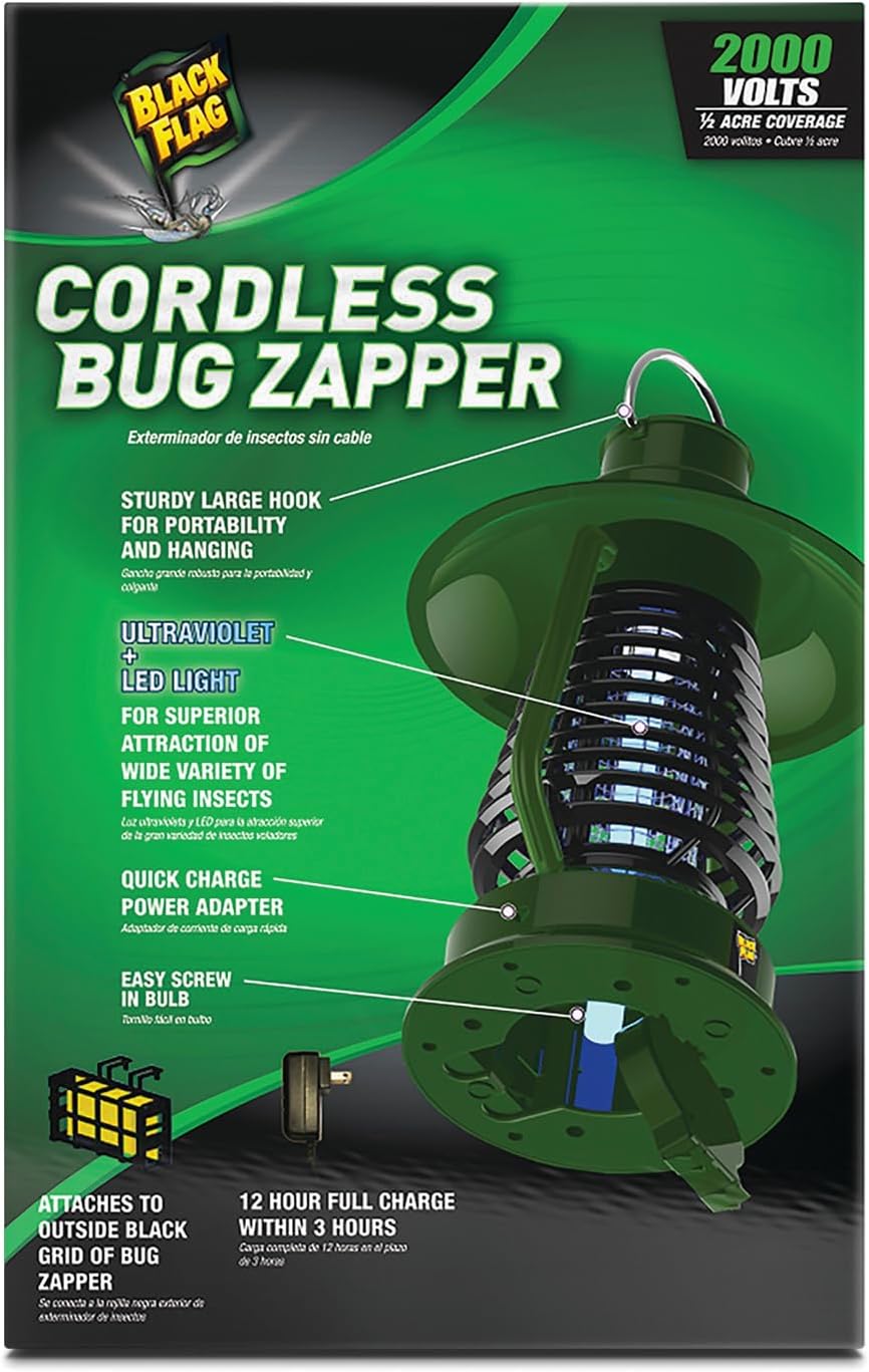 Black Flag 2000v Bug Zapper Lantern | Rechargeable Indoor/Outdoor Fly Zapper | 12-Hour Electric UV Pest Control (Green)