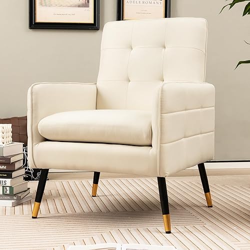 Miniatura 1 de Giantex Silla decorativa moderna de mediados de siglo, sillón tapizado con respaldo copetudo, patas de metal, almohadillas ajustables, sofá