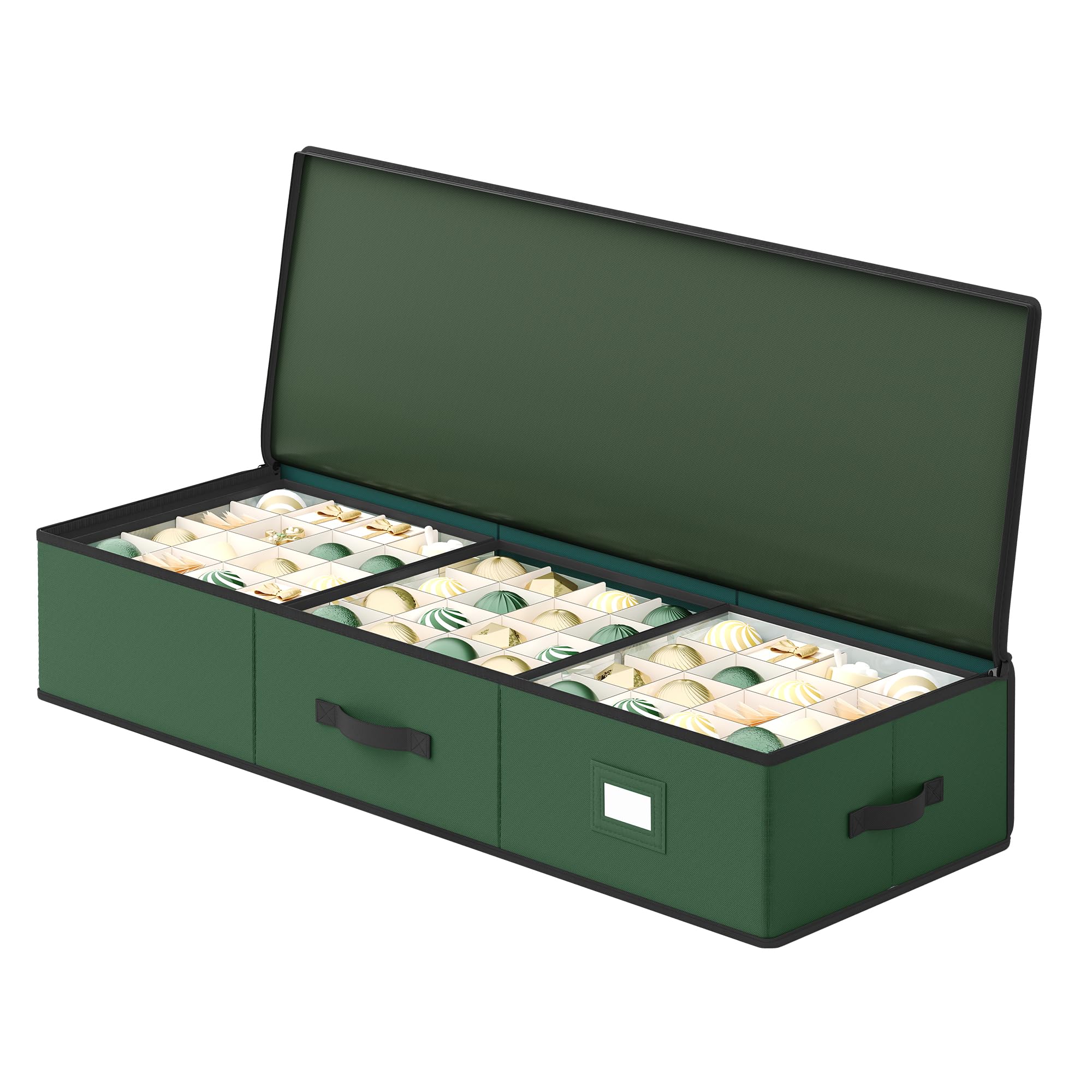 SONGMICS Christmas Ornament Storage Box, 96 Slots of 3 Inches, 38 x 13.2 x 6.9 Inches, Bauble Storage Box with Dividers, Oxford Fabric, Zippers, Side Handles, Under the Bed, Forest Green URF