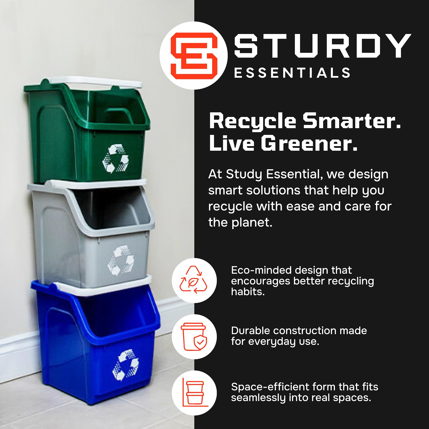 Multi Bin Recycling System with Three Stackable 6 Gallon Recycle Bins to Build Your Recycling Center for Offices, Kitchen, Garages, Businesses - (3 Pack, Blue/Yellow/Green)