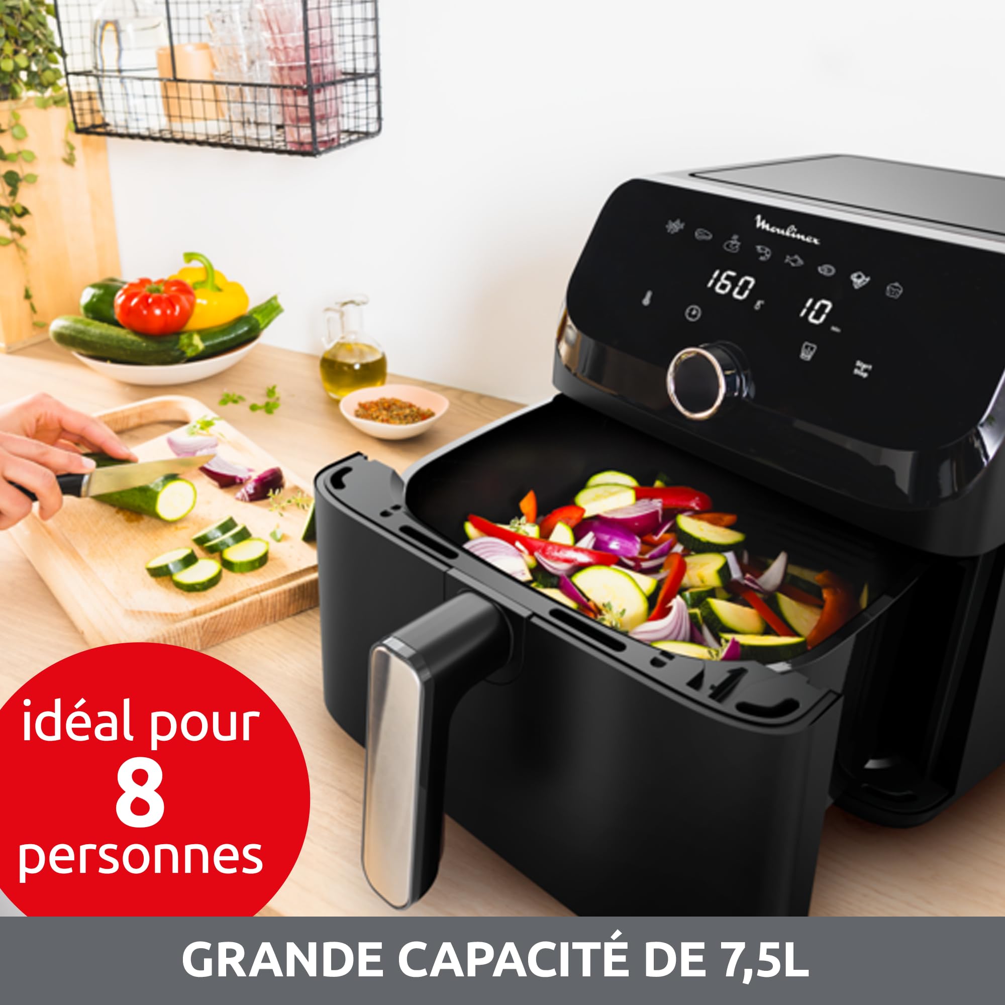 Moulinex Easy Fry Mega, air fryer compact, Mono tiroir 7.5 L, Jusqu’à 8 personnes, 8 programmes, noir EZ8558F0