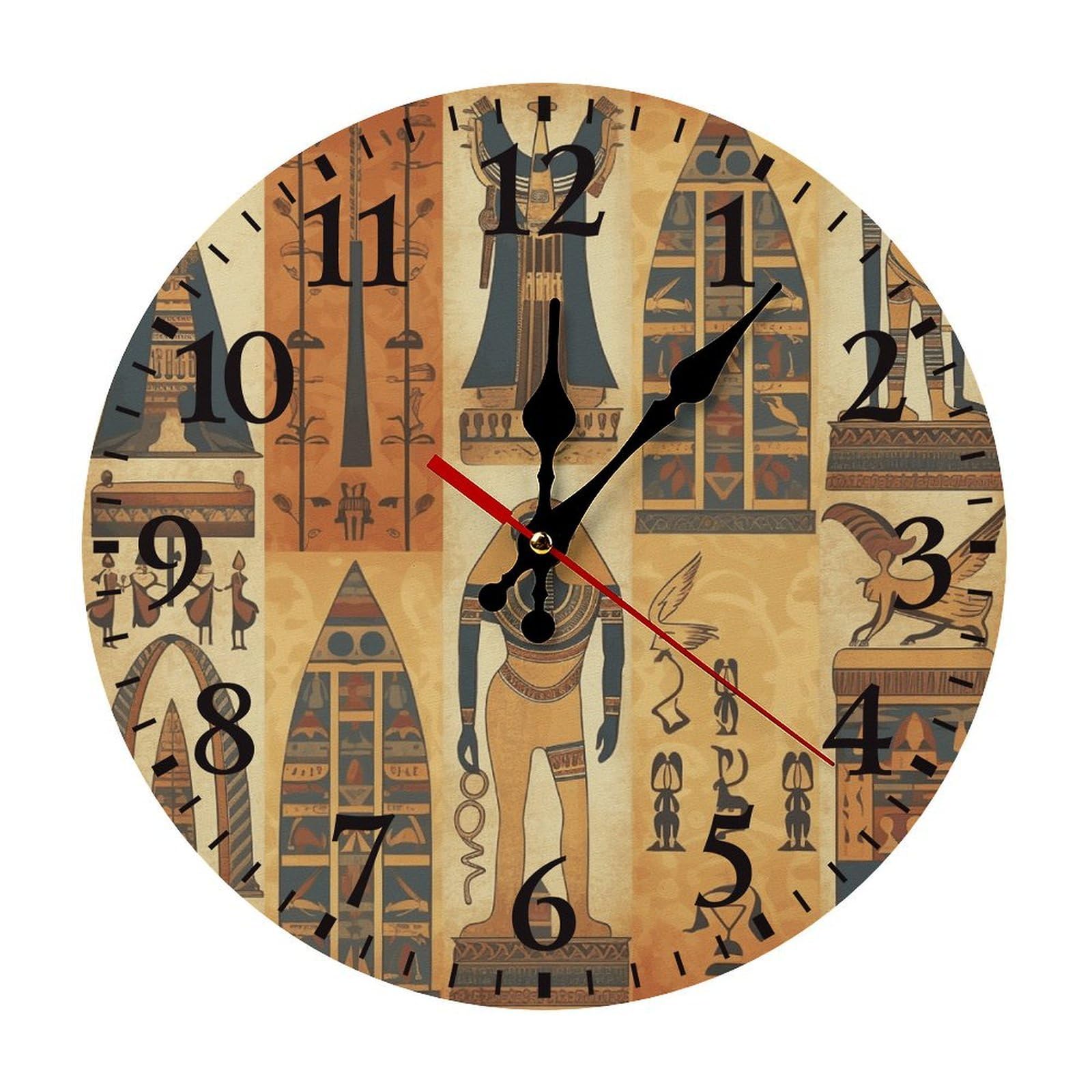 NTVOWPZO 10 Inch Wall Clock Ancient Egypt Tribe Series Battery Operated Wall Clocks Silent Non-Ticking Round Wall Clock for Living Room Kitchen Home Office Wall Decorative Clock
