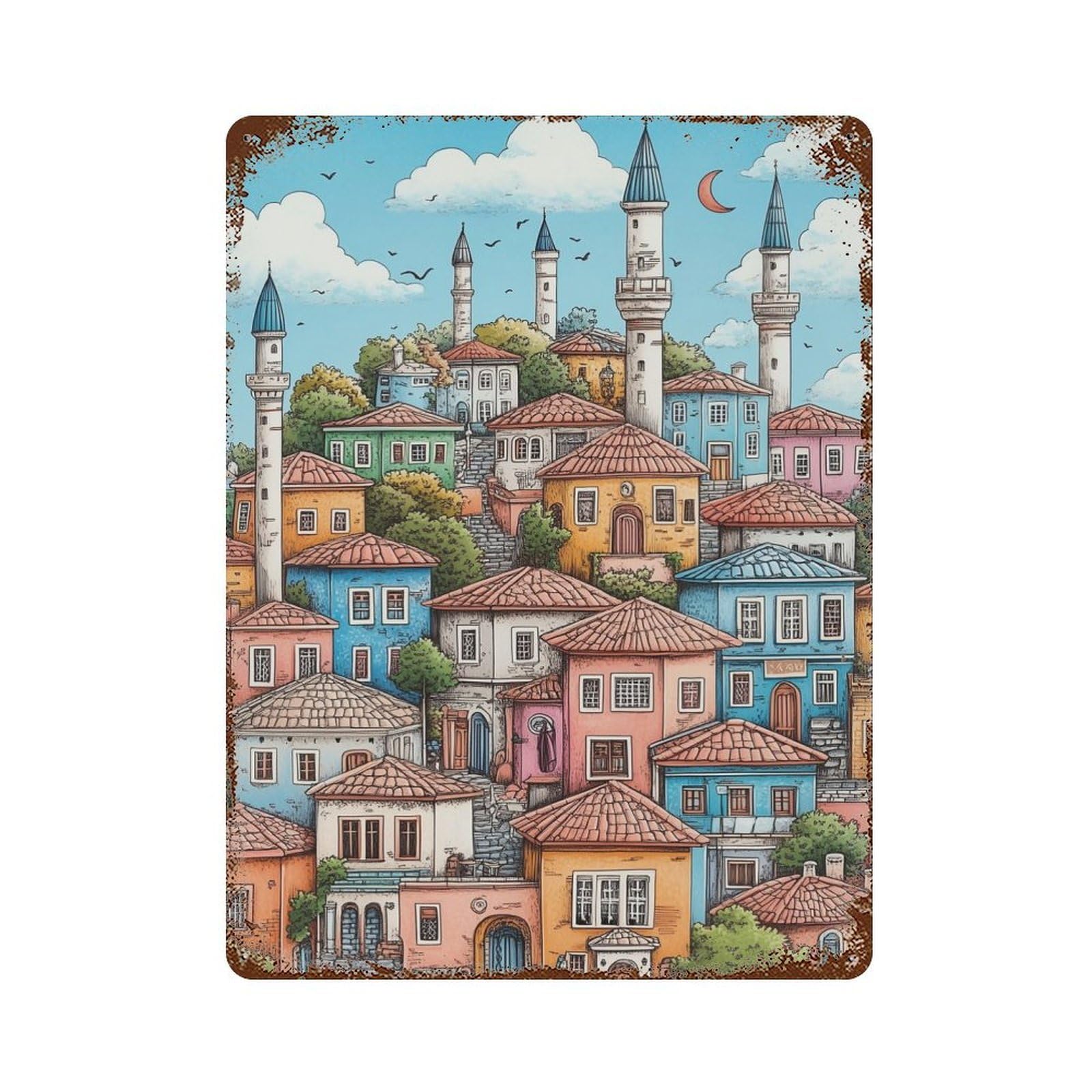 Garage Style Colorful Town with Minarets Rustic Tin Plaque 15.7"x11.8", Classic Wall Plaque for Bar And Workshop