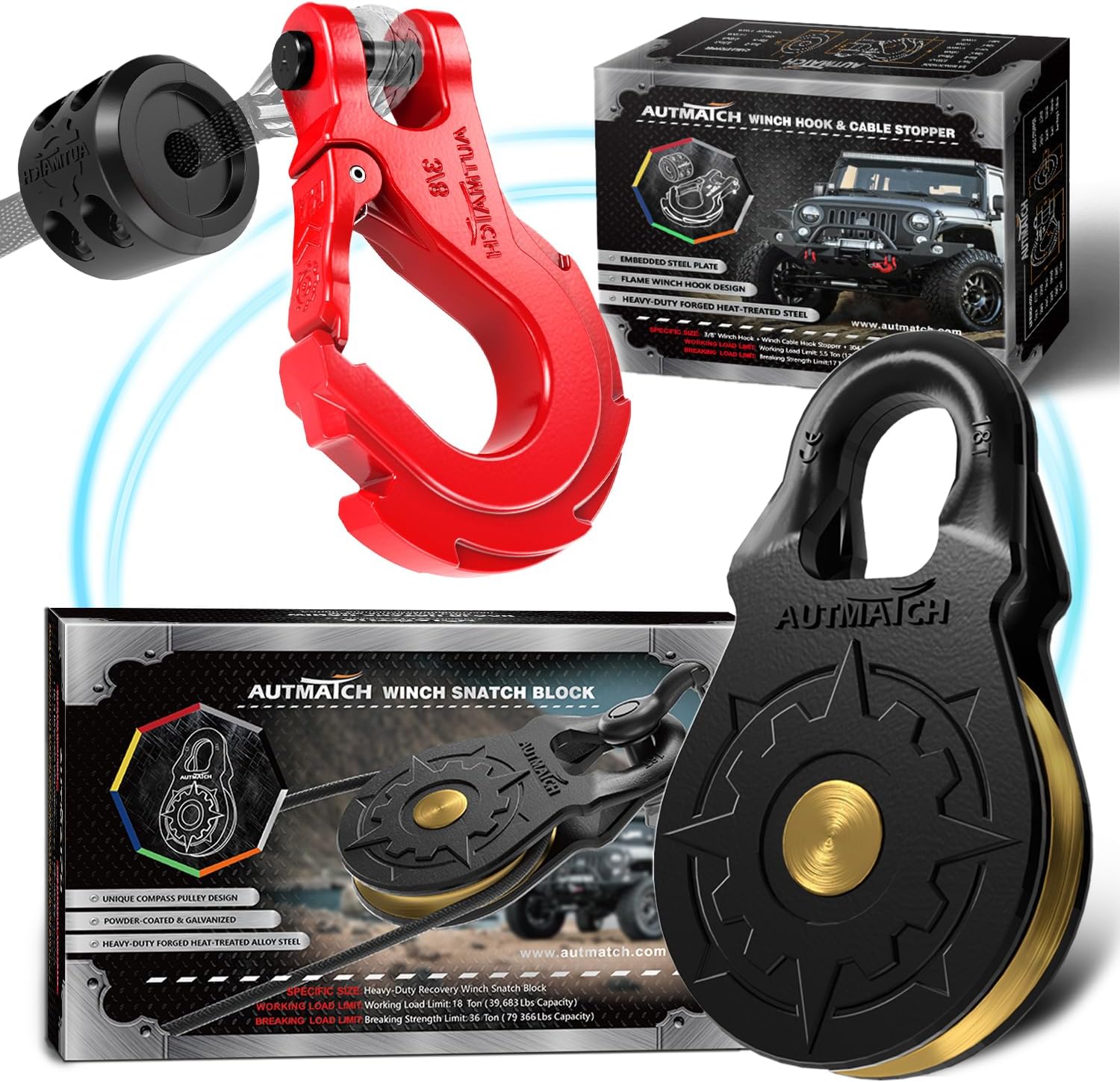 AUTMATCH 3/8" Winch Hook and Winch Snatch Block Pulley 18 Ton, Max 79,366Lbs Break Strength, Heavy Duty Off Road Recovery Towing Pulley Blocks Winch Rope, ATV, UTV, Truck, Red & Black