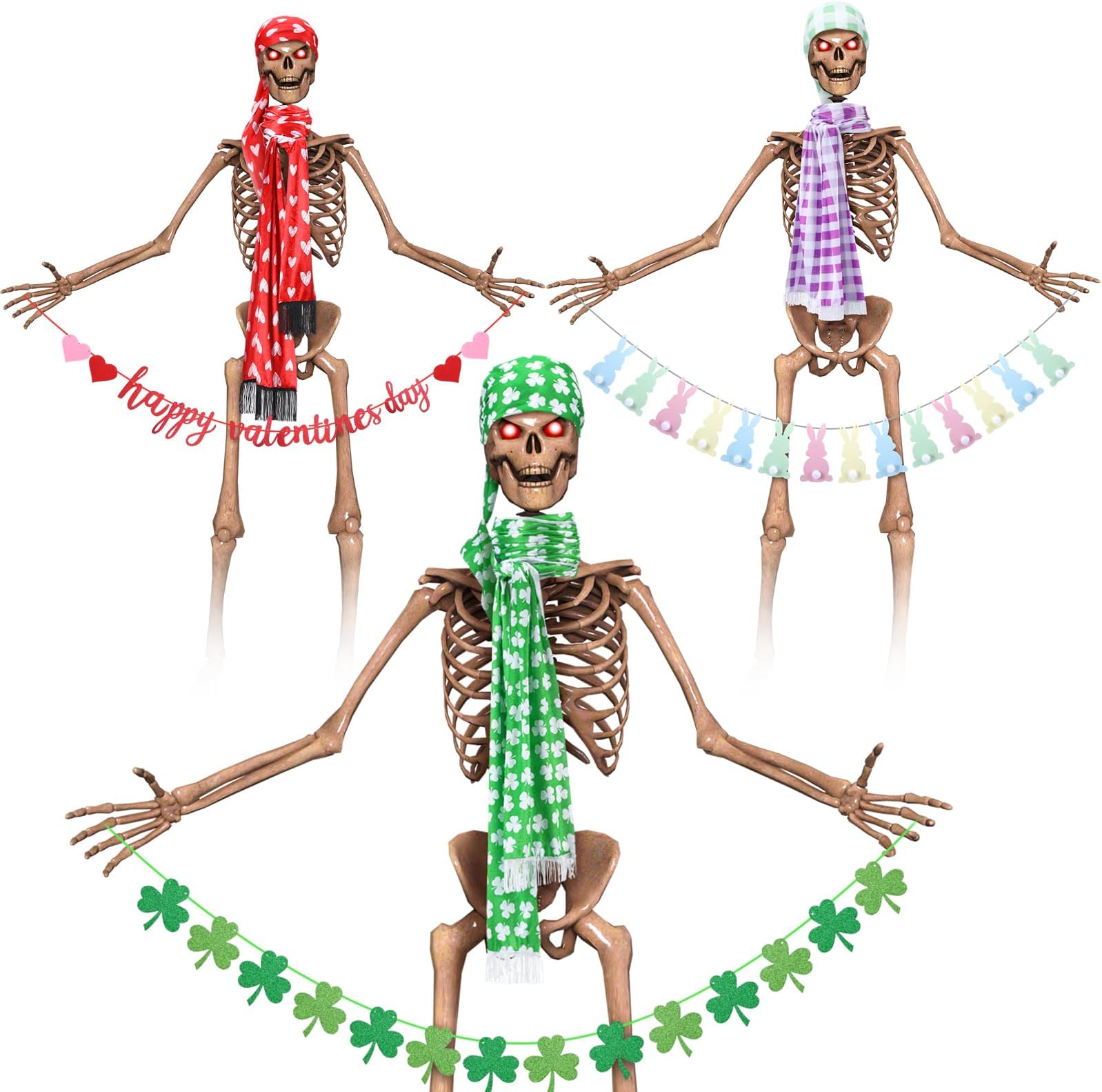 Leitee 9 Pcs 12 ft Skeleton Clothes Accessories Easter Skeleton Outfit Set Including Hat Scarf and Handheld bunny Banner for Garden Lawn Outdoor Decor