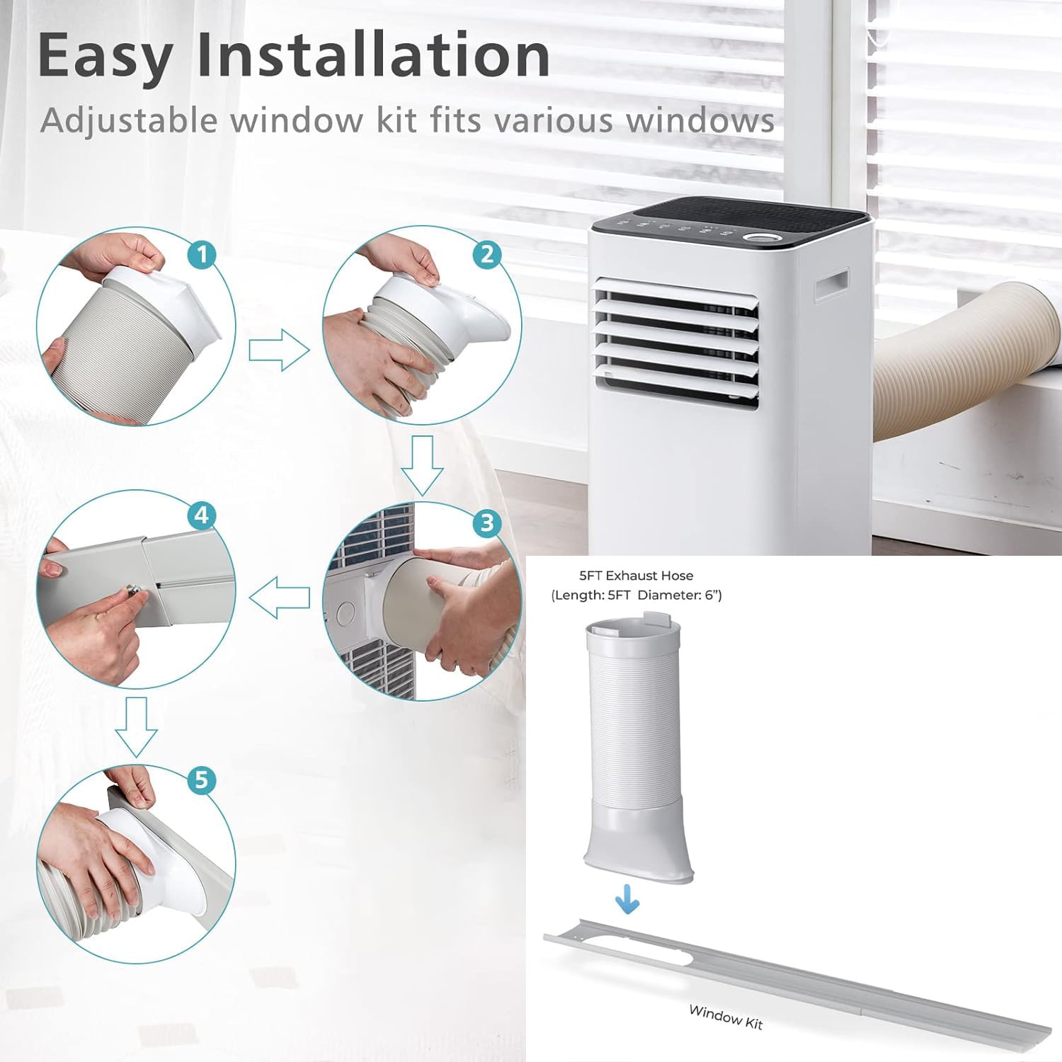 Kit de ventilación de ventana de aire acondicionado portátil con manguera de escape de 5.9 pulgadas, manguera universal de CA en sentido contrario a las agujas del reloj para unidad de CA
