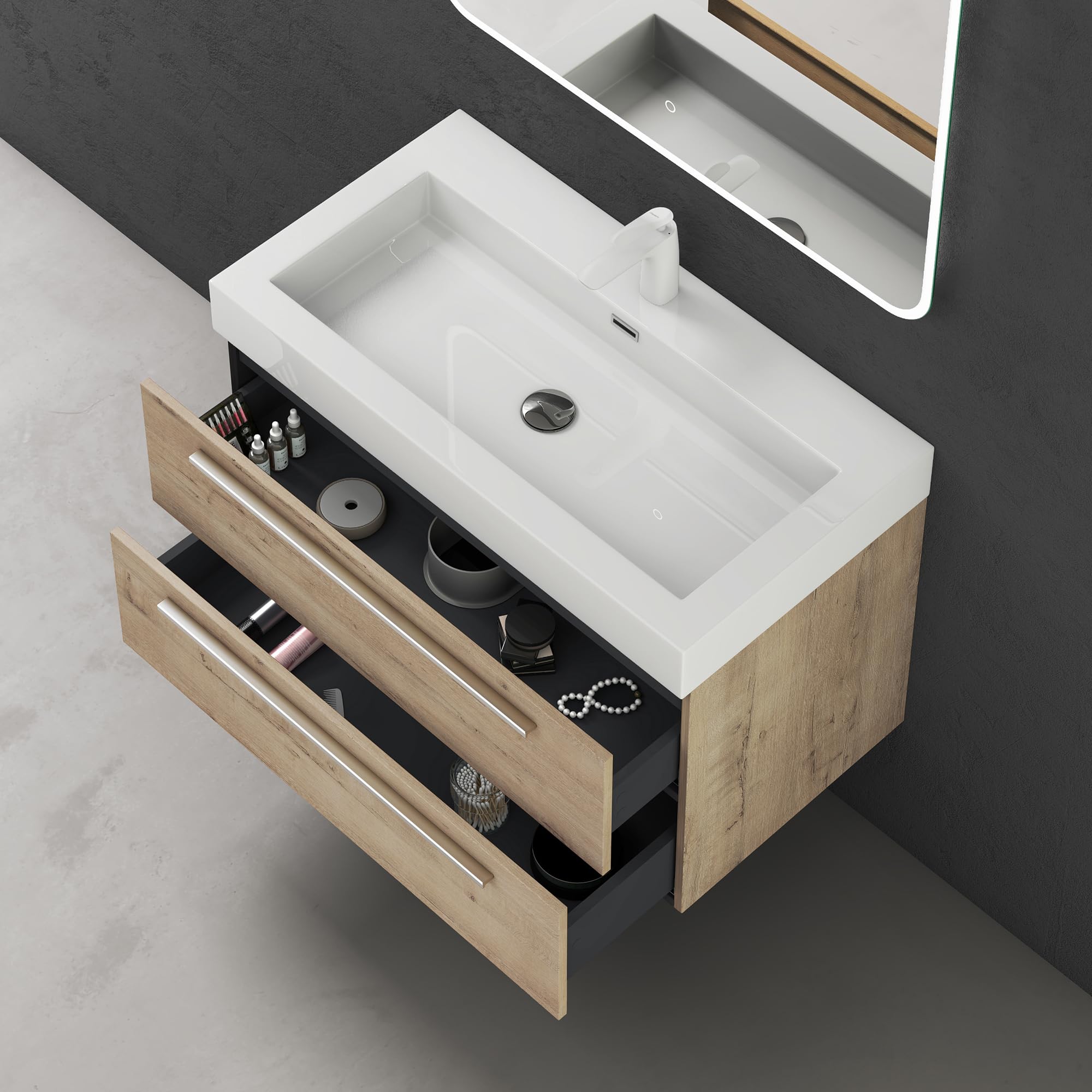 doporro Mobile Bagno Sospeso90cm, Mobiletto per Bagno con Lavabo, Rovere chiaro, Quadratto F161