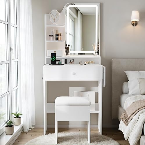 Miniatura 8 de FUXA Small Vanity with Chair, Makeup Vanity Desk with LED Mirror and 3 Light Modes, Girls Vanity Set with Charging Station, Compact Vanity Table