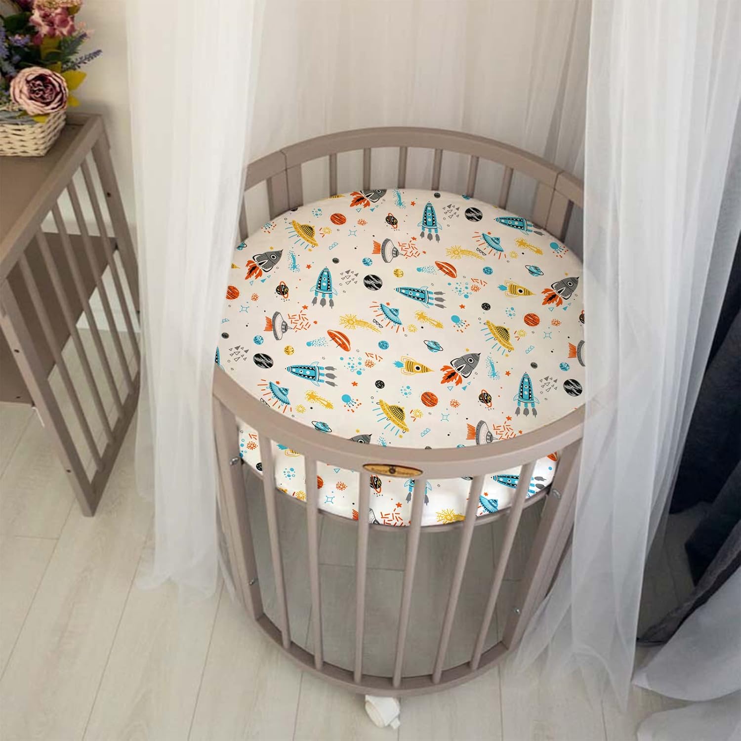 Cloele Round Stretchy Crib Sheet - Microfiber Space Fitted Sheet for 42 X 42 Mattresses Ultra Soft Unisex Round Fitted Sheet for Baby Boys Girls