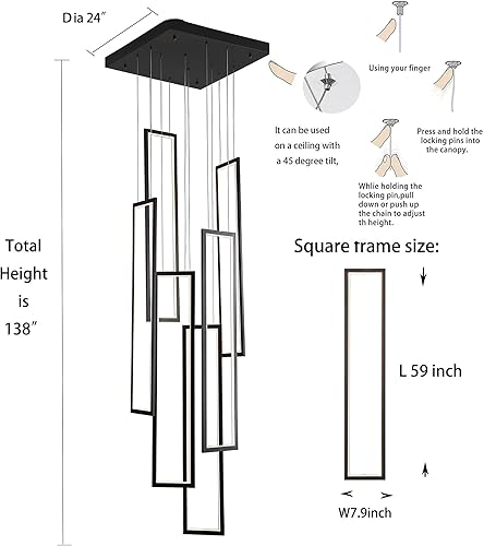 Miniatura 3 de Flashing God Candelabro LED moderno de 6 anillas, color negro, grande, contemporáneo, para escalera, lámparas de techo alto regulables con control