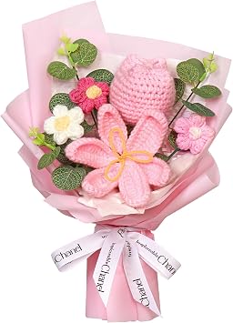 Artificial Tulip Crochet Flower Bouquet Pink Handmade Knitted Bouquet