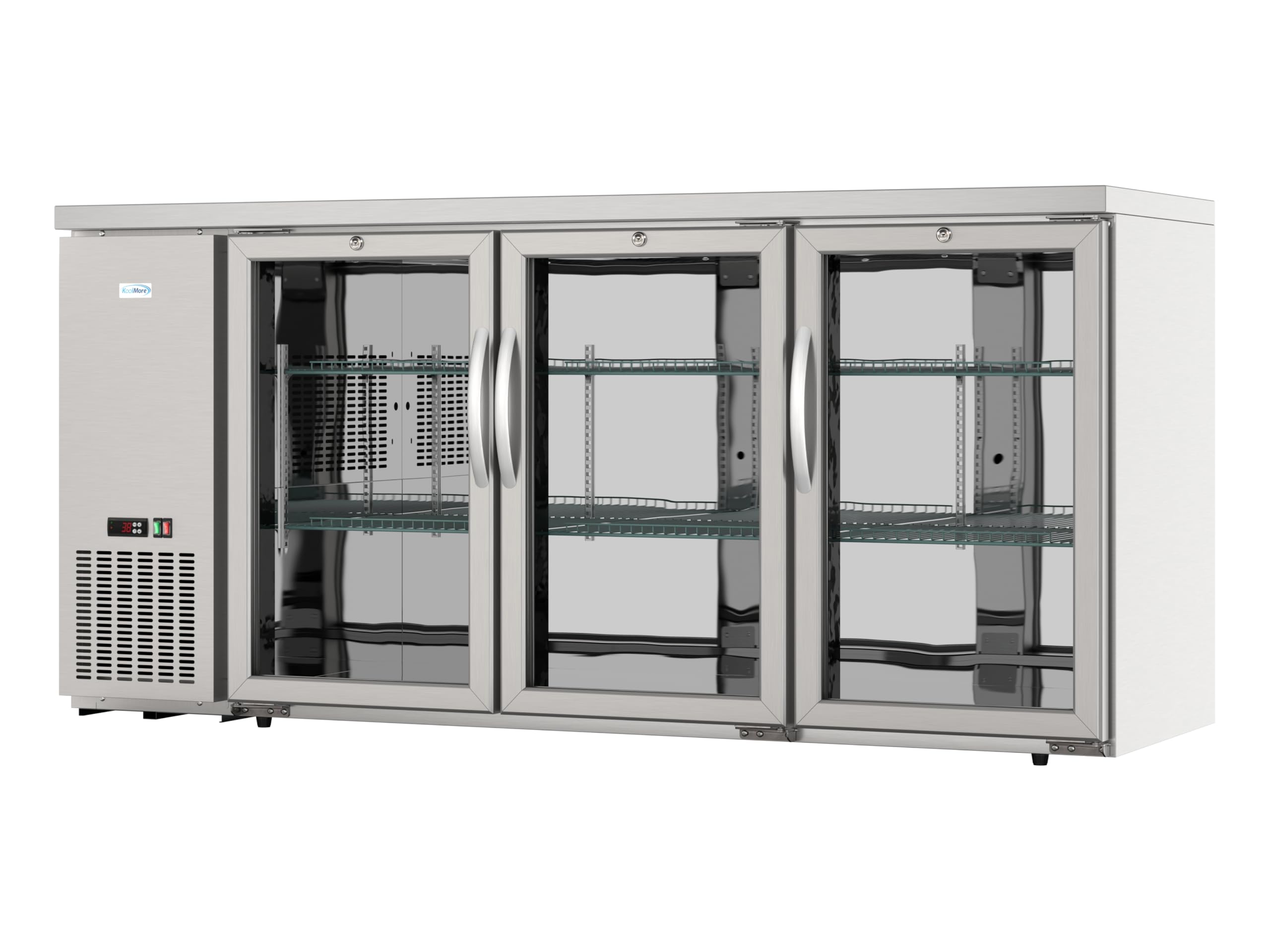 KoolMore 72 in. Commercial Three Glass Door Back Bar Refrigerator Cooler for Beer Bottle & Can Storage with Side Condenser and Compressor, LED Lighting, 18 Cu. Ft. and ETL Listed in Stainless Steel on Fridge.com