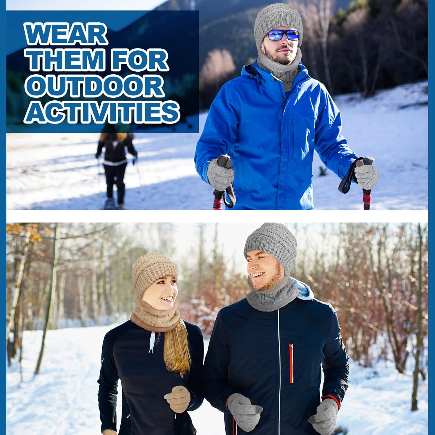 BBTO 12pcs Winter Beanie Hat Scarf Gloves Set Thick Beanies Hat Knit Skull Cap Neck Warmer Touchscreen Gloves for Men Women - Image 7